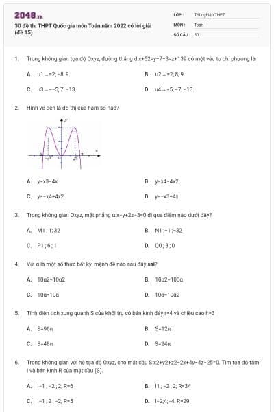 30 đề thi THPT Quốc gia môn Toán năm 2022 có lời giải (đề 15)