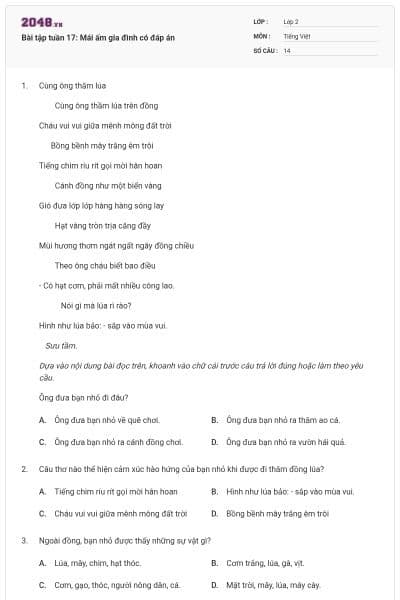 Bài tập tuần 17: Mái ấm gia đình có đáp án