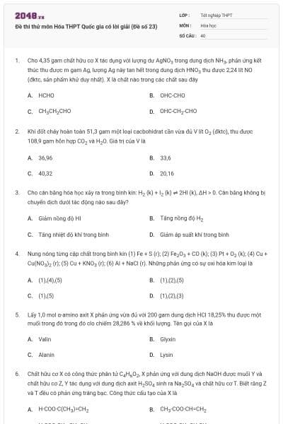 Đề thi thử môn Hóa THPT Quốc gia có lời giải (Đề số 23)