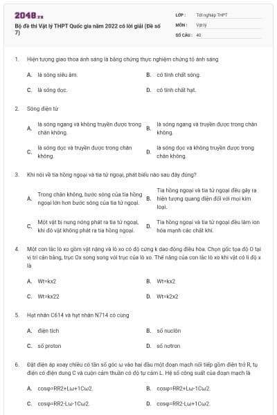 Bộ đề thi Vật lý THPT Quốc gia năm 2022 có lời giải (Đề số 7)