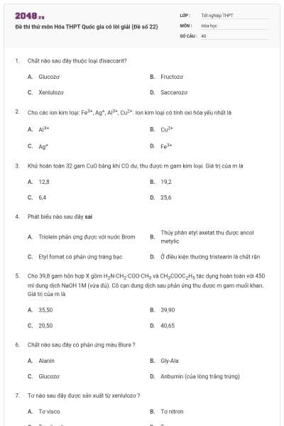 Đề thi thử môn Hóa THPT Quốc gia có lời giải (Đề số 22)