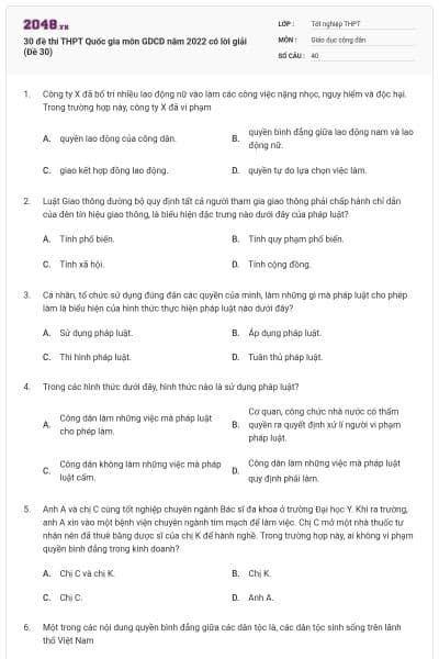 30 đề thi THPT Quốc gia môn GDCD năm 2022 có lời giải (Đề 30)
