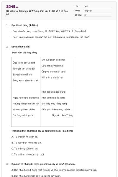 Đề kiểm tra Giữa học kì 2 Tiếng Việt lớp 2 - Đề số 3 có đáp án