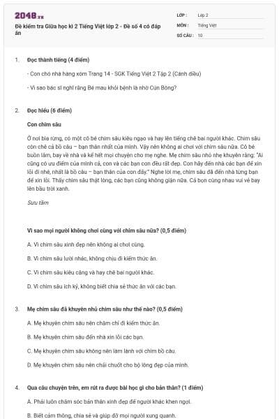 Đề kiểm tra Giữa học kì 2 Tiếng Việt lớp 2 - Đề số 4 có đáp án