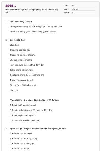 Đề kiểm tra Giữa học kì 2 Tiếng Việt lớp 2 - Đề số 5 có đáp án