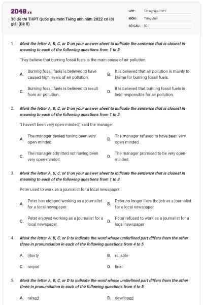 30 đề thi THPT Quốc gia môn Tiếng anh năm 2022 có lời giải (Đề 8)