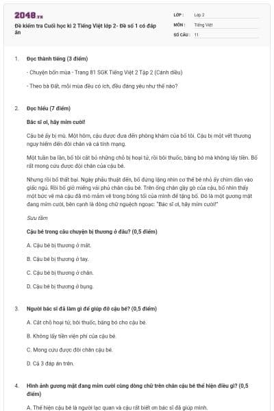 Đề kiểm tra Cuối học kì 2 Tiếng Việt lớp 2- Đề số 1 có đáp án