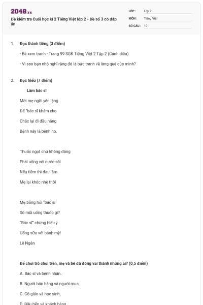 Đề kiểm tra Cuối học kì 2 Tiếng Việt lớp 2 - Đề số 3 có đáp án