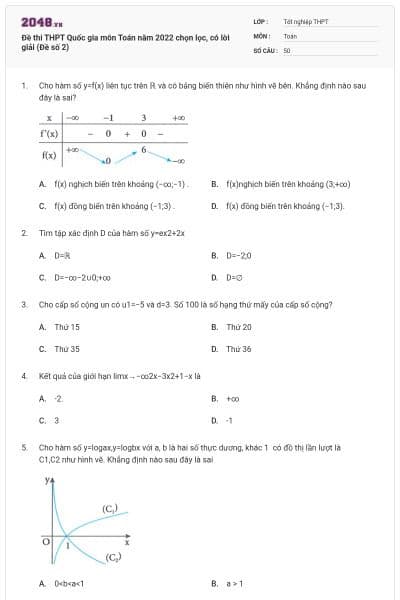 Đề thi THPT Quốc gia môn Toán năm 2022 chọn lọc, có lời giải (Đề số 2)