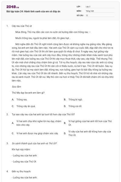 Bài tập tuần 24: Hành tinh xanh của em có đáp án