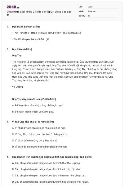 Đề kiểm tra Cuối học kì 2 Tiếng Việt lớp 2 - Đề số 5 có đáp án