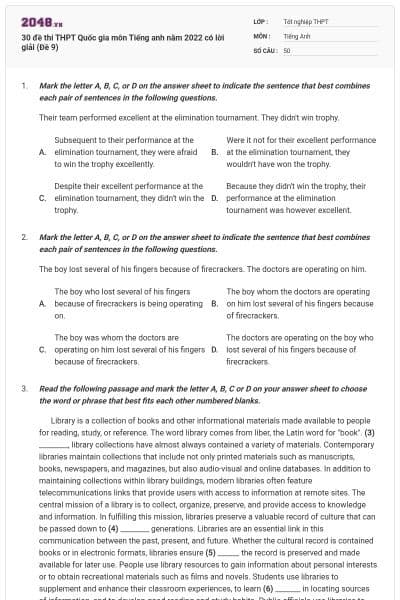 30 đề thi THPT Quốc gia môn Tiếng anh năm 2022 có lời giải (Đề 9)