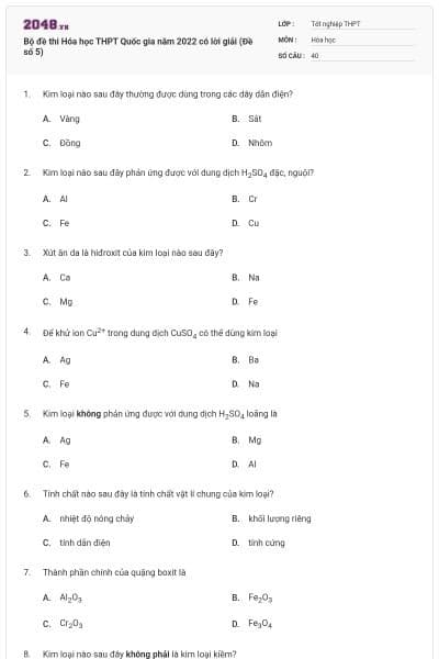 Bộ đề thi Hóa học THPT Quốc gia năm 2022 có lời giải (Đề số 5)