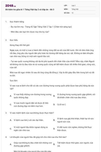 Đề kiểm tra giữa kì 1 Tiếng Việt lớp 2 có đáp án - Đề 3