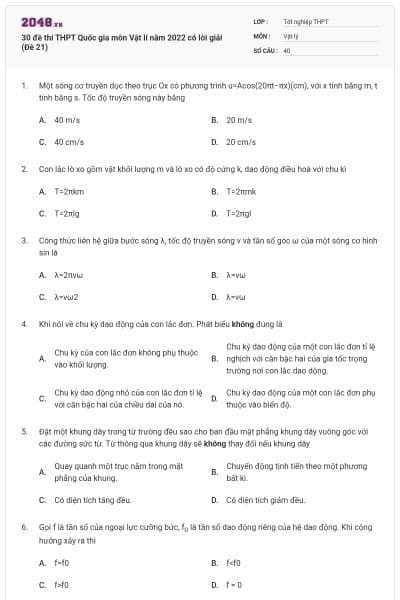 30 đề thi THPT Quốc gia môn Vật lí năm 2022 có lời giải (Đề 21)