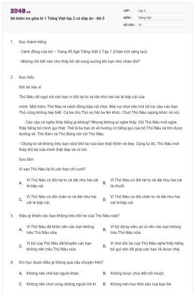 Đề kiểm tra giữa kì 1 Tiếng Việt lớp 2 có đáp án - Đề 5