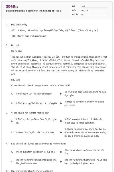 Đề kiểm tra giữa kì 1 Tiếng Việt lớp 2 có đáp án - Đề 6