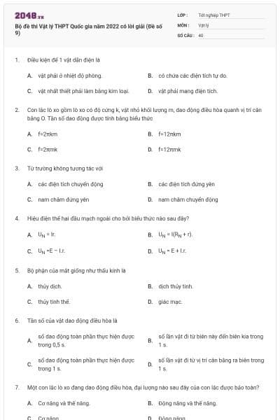 Bộ đề thi Vật lý THPT Quốc gia năm 2022 có lời giải (Đề số 9)