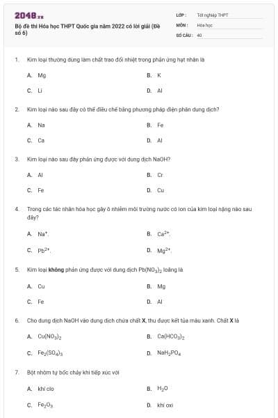Bộ đề thi Hóa học THPT Quốc gia năm 2022 có lời giải (Đề số 6)