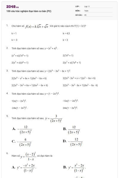 100 câu trắc nghiệm Đạo hàm cơ bản (P2)