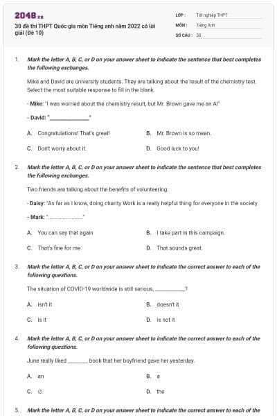 30 đề thi THPT Quốc gia môn Tiếng anh năm 2022 có lời giải (Đề 10)