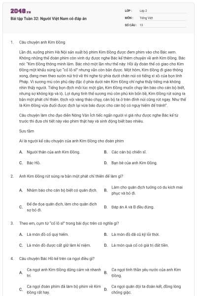 Bài tập Tuần 32: Người Việt Nam có đáp án