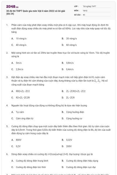 30 đề thi THPT Quốc gia môn Vật lí năm 2022 có lời giải (Đề 24)
