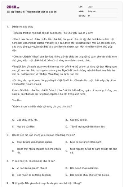 Bài tập Tuần 34: Thiếu nhi đất Việt có đáp án