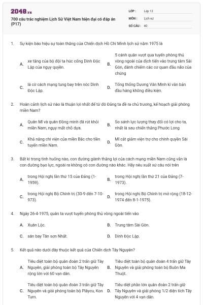700 câu trắc nghiệm Lịch Sử Việt Nam hiện đại có đáp án (P17)