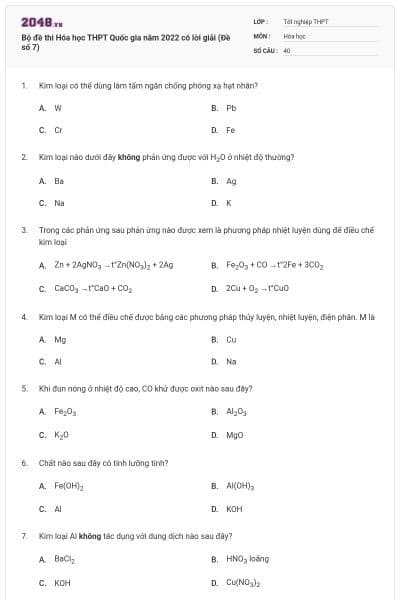 Bộ đề thi Hóa học THPT Quốc gia năm 2022 có lời giải (Đề số 7)