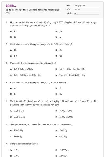 Bộ đề thi Hóa học THPT Quốc gia năm 2022 có lời giải (Đề số 8)