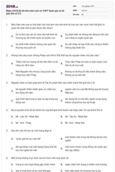 [Năm 2022] Đề thi thử môn Lịch sử THPT Quốc gia có lời giải (Đề số 27)