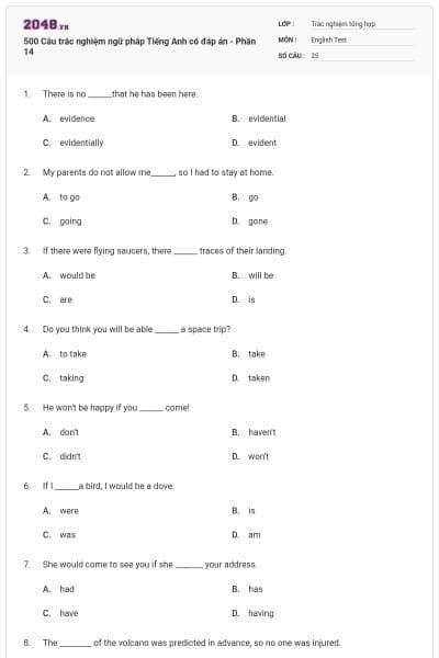 500 Câu trắc nghiệm ngữ pháp Tiếng Anh có đáp án - Phần 14