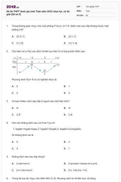 Đề thi THPT Quốc gia môn Toán năm 2022 chọn lọc, có lời giải (Đề số 4)
