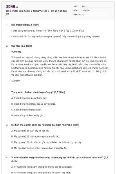 Đề kiểm tra Cuối học kì 2 Tiếng Việt lớp 2 - Đề số 7 có đáp án