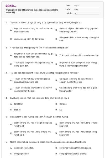 Trắc nghiệm Địa lí khu vực và quốc gia có đáp án (thông hiểu - P1)