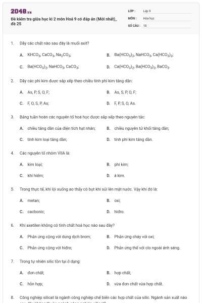 Đề kiểm tra giữa học kì 2 môn Hoá 9 có đáp án (Mới nhất)_ đề 25