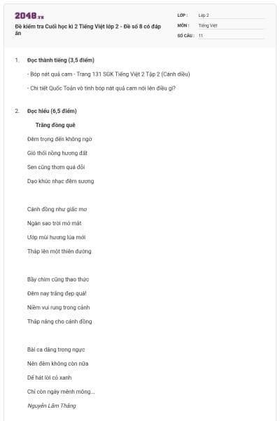 Đề kiểm tra Cuối học kì 2 Tiếng Việt lớp 2 - Đề số 8 có đáp án
