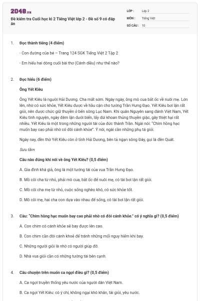 Đề kiểm tra Cuối học kì 2 Tiếng Việt lớp 2 - Đề số 9 có đáp án