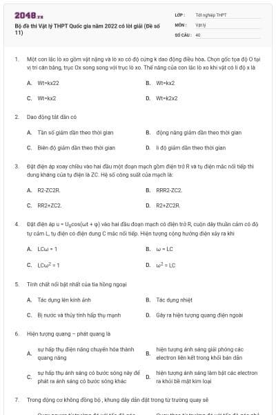 Bộ đề thi Vật lý THPT Quốc gia năm 2022 có lời giải (Đề số 11)