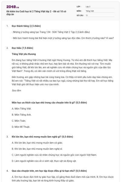 Đề kiểm tra Cuối học kì 2 Tiếng Việt lớp 2 - Đề số 10 có đáp án