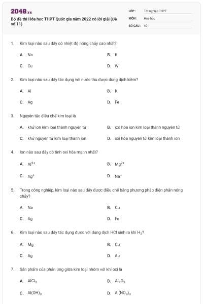 Bộ đề thi Hóa học THPT Quốc gia năm 2022 có lời giải (Đề số 11)