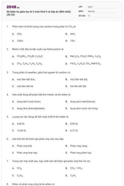 Đề kiểm tra giữa học kì 2 môn Hoá 9 có đáp án (Mới nhất) (đề 26)