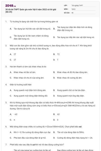 30 đề thi THPT Quốc gia môn Vật lí năm 2022 có lời giải (Đề 25)