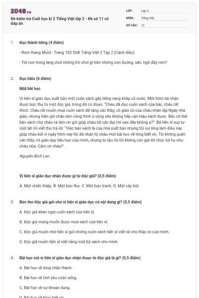Đề kiểm tra Cuối học kì 2 Tiếng Việt lớp 2 - Đề số 11 có đáp án