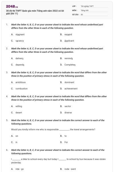 30 đề thi THPT Quốc gia môn Tiếng anh năm 2022 có lời giải (Đề 11)