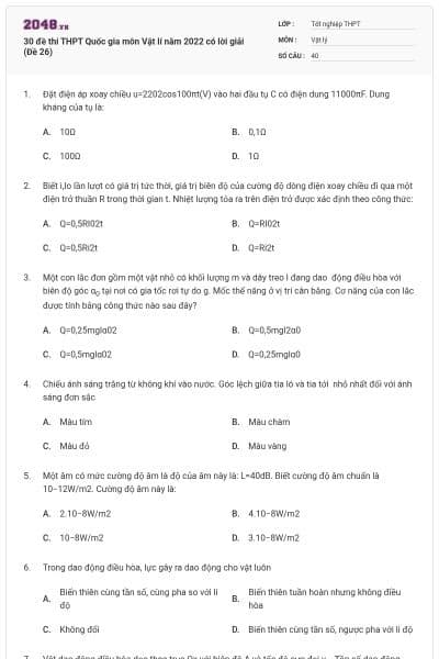30 đề thi THPT Quốc gia môn Vật lí năm 2022 có lời giải (Đề 26)