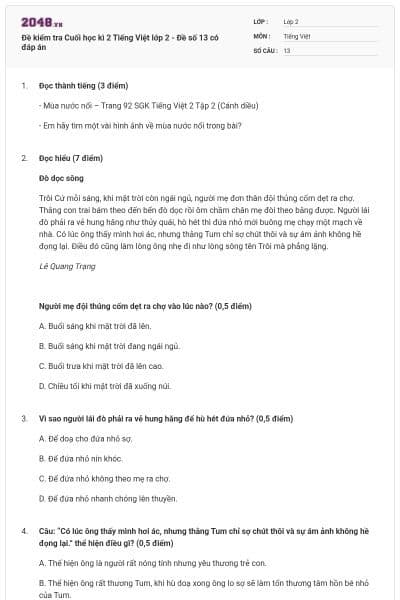 Đề kiểm tra Cuối học kì 2 Tiếng Việt lớp 2 - Đề số 13 có đáp án