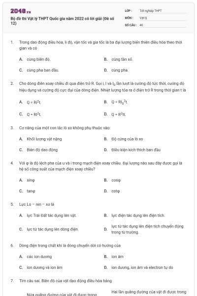 Bộ đề thi Vật lý THPT Quốc gia năm 2022 có lời giải (Đề số 12)
