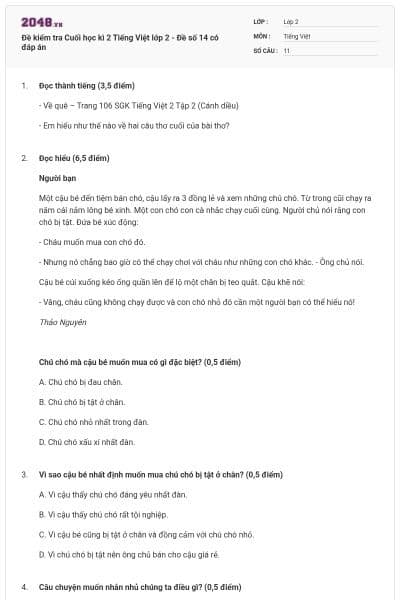 Đề kiểm tra Cuối học kì 2 Tiếng Việt lớp 2 - Đề số 14 có đáp án